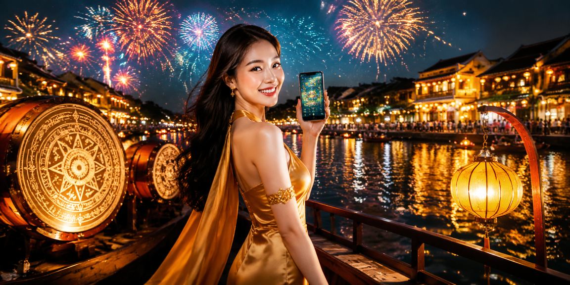 Người dùng chơi casino di động tại Hội An dưới ánh đèn lồng lung linh về đêm